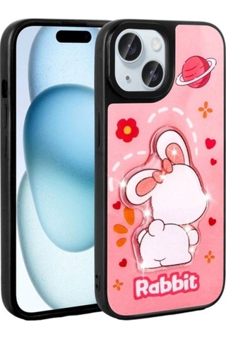 Apple Uyumlu iPhone 15 Kılıf Parlayan Kabartmalı İkonik Figürlü Zore Amas Silikon Kapak Pembe