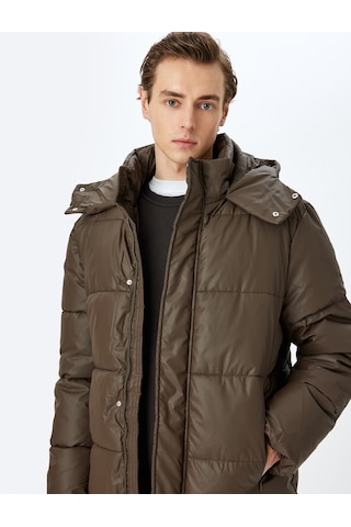 Koton Slim Fit Kapşonlu Suni Deri Şişme Mont Kahverengi 5wam20034hw Kahve Kahverengi
