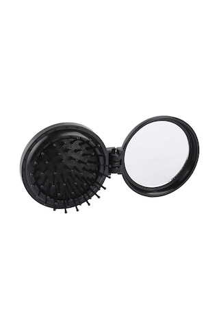 Samdoo Siyah Plastik Çift Taraflı Katlanabilir Makyaj Aynası Ve Saç Fırçası - Taşınabilir 75x65mm