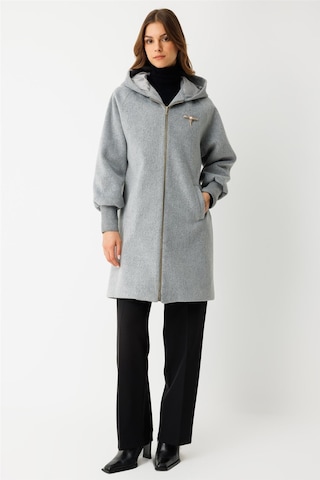 Fermuar Kapamalı Kapişonlu Kaban Gri Gri