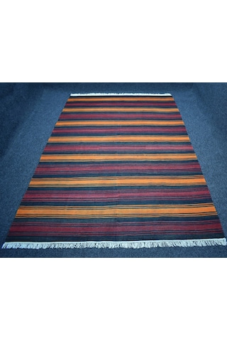 El Dokuma 6m2 Benzersiz Çubuklu Gömürgen Yün Kilim 7473 Çok Renkli