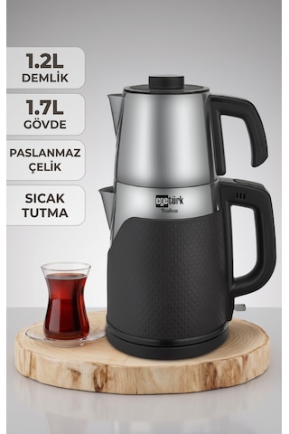 Egetürk Coverlı Elektrikli Çay Makinesi, Çaycı 2000w 1.7l Su Isıtıcı 1.2l Demlik Paslanmaz Çelik Inox