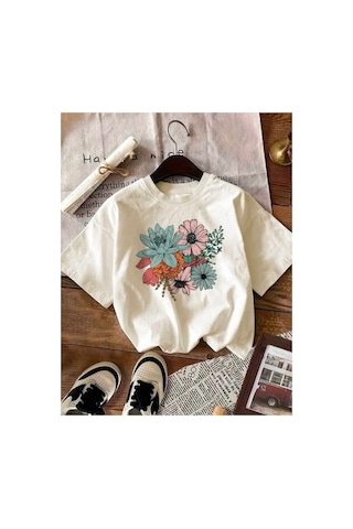 Medinenur Çiçekler Desen Baskılı Basic T-shirt Beyaz