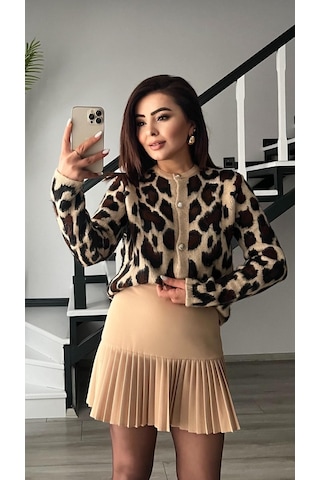 Bej Duble Piliseli Mini Etek Bej