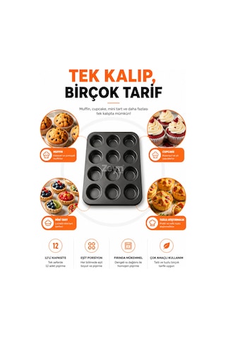 12'li Yapışmaz Muffin Kek Kalıbı Cupcake, Mini Tart Ve Tuzlu Atıştırmalık Pişirme Tepsisi Siyah