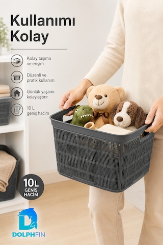 Jute Çok Amaçlı Kutu 10 L Plastik Mutfak Banyo Dolap İçi Düzenleyici Siyah