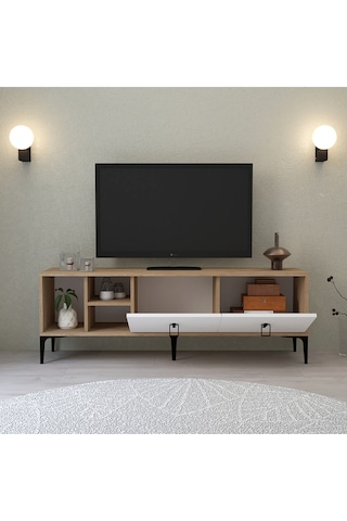 3504 Era Tv Ünitesi 150 Cm Kapaklı Raflı Sepet - Beyaz Tv Sehpası Beyaz - Sepet