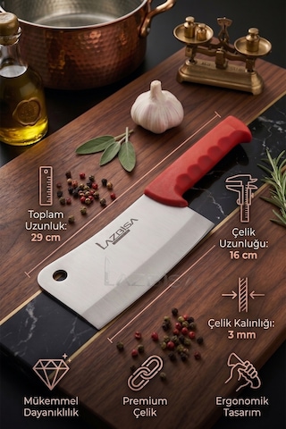 Lazbisa Mft-158 Silver Serisi Pide Börek Mutfak Bıçağı Salata Pizza Bıçak Kıyma Tavuk Satırı 3 Lü Set Ahşap - Kırmızı