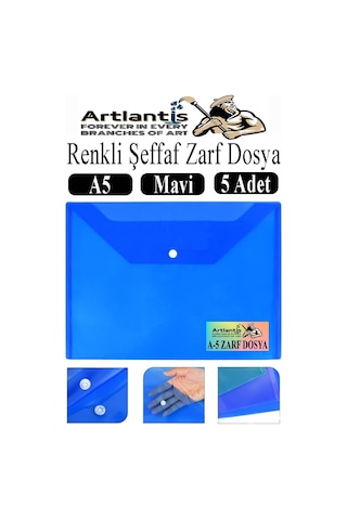 Mavi A5 Çıtçıtlı Dosya Şeffaf Renkli Zarf Dosya 5 Adet 17x22 Cm Çıt Çıtlı Dosya Su Geçirmez 50 Yaprak Kapasiteli