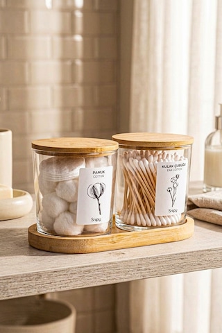 Bamio - Bambu Standlı Bambu Kapaklı Etiketli Banyo Düzenleyici Cam Banyo Seti Banyo Organizeri 2 'li Açık Ahşap