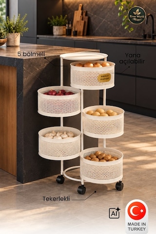 River World Tekerlekli Rengi Krem Açılabilen 5 Katlı Çok Amaçlı Metal Raf Mutfak, Balkon, Kiler Çok Renkli