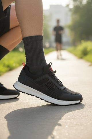Enoch Erkek Siyah Akıllı Bağcıklı Yürüyüş Ayakkabısı - Bağcık Bağlamasız Pratik Sneaker Siyah - Beyaz