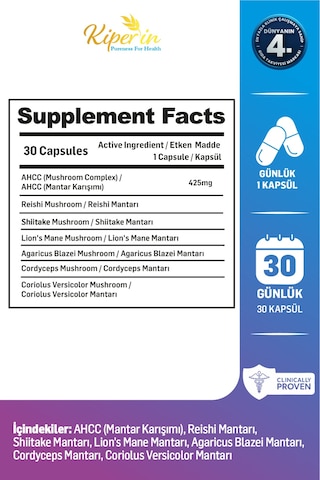 Kiperin Shenmush Ahcc, Reishi, Shiitake, Lions's Mane, Agaricus, Cordyceps Mantarları 30 Kapsül