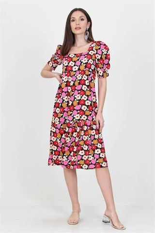 Dip Moda Kadın Kare Yaka Çiçek Desenli Viskon Elbise Dpnb10026 Kırmızı