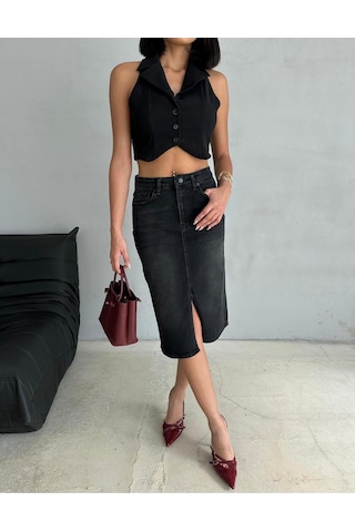 Zeo Basic Yırtmaçlı Midi Boy Likralı Jean Etek Siyah