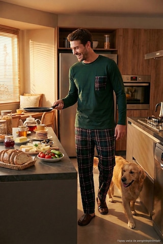 Buratti Ekoseli Cepli Beli Lastikli % 100 Pamuk Regular Fit Erkek Pijama Takımı 6572001 Yeşil