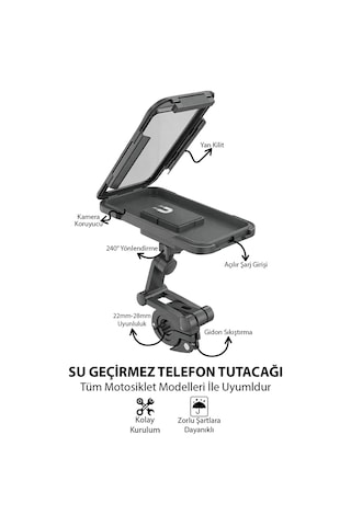 Motosiklet Uyumlu Su Geçirmez Telefon Tutacağı Abs Plastik + Metal Siyah Renk