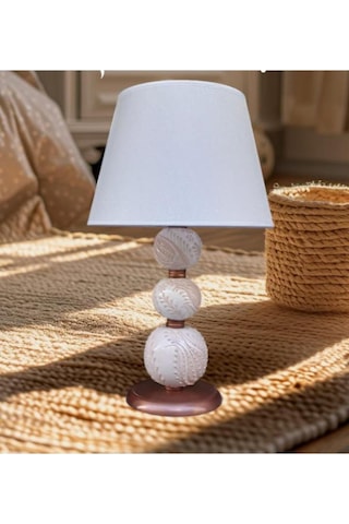 Üç Toplu Abajur Krem Çinili Krem Şapkalı Beyaz