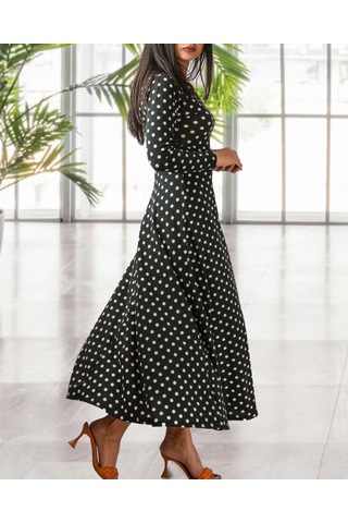 Kadın Krep Kumaş Uzun Kollu Tam Boy Puantiyeli Elbise 132 Cm Siyah