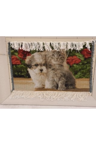 İran El Dokuması Tablo Halı Kedi & Köpek Ebat : 58cm X 38 Cm Çok Renkli