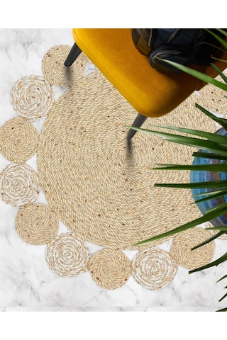 Eko Halı Patna Ptn 03 Natural Whıte Jüt Hasır Görünümlü Hav Toz Vermez Örgü Halı - 150X150