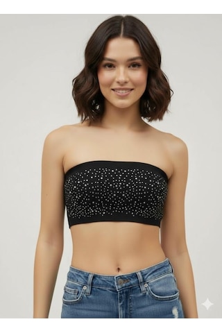 Afri Kadın Siyah Taş Detaylı Straplez Crop Top Esnek Kumaş, Işıltılı Bant Büstiyer Siyah