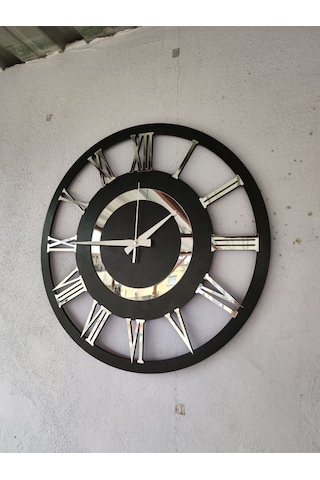 Siyah Renk Gümüş Sayılı Hediyelik Ahşap Dekoratif Ev Hediyelik Duvar Saati 50cm Gümüş