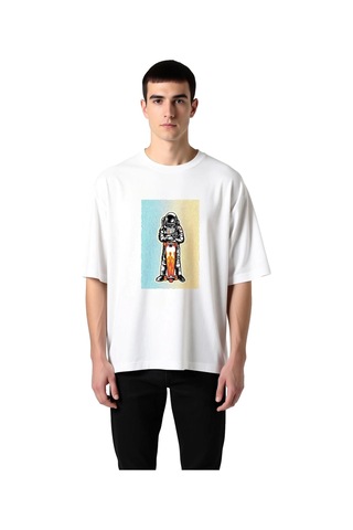 Paybuy Erkek Oversize Tişört Astronot Kaykay Baskısı Bold Line Art Dinam Beyaz
