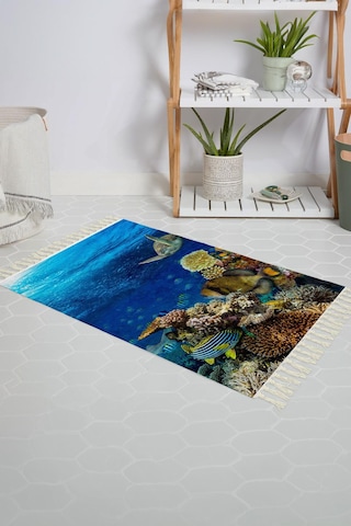 Banyo Halısı Dijital Baskılı Banyo Paspası 50x80 Polyester Kaymaz Tabanlı Duş Paspası Aquarium Beyaz - Siyah