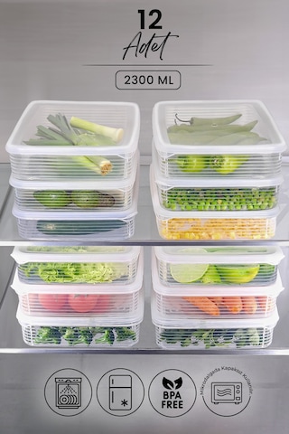 Kitchen Life 12 li 2300 ML Buzdolabı ve Mikrodalga Saklama Kabı - Buzdolabı Organizeri Saklama Kutusu Şeffaf