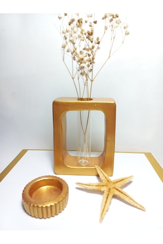 Kuru Çiçeklik Vazo, Beyaz Dikdörtgen Model Cam Tüplü Dekoratif Vazo Gold