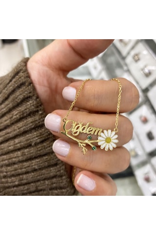 Gümüş İsimli Mineli Papatya Kolye Gold