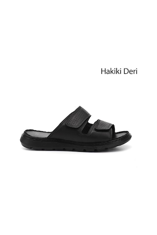 Gönderi(R) Gönderir Siyah Çift Cırtlı Hakiki Deri Comfort Terlik Siyah