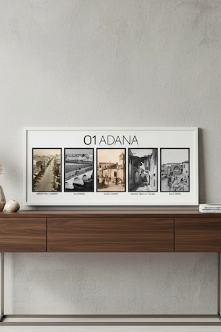 Adana Nostalji Tablosu Siyah Beyaz Eski Adana Fotoğrafları Çerçeveli Uv Baskı Mdf 25x60 Cm