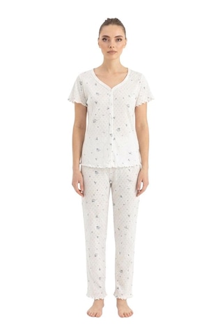 Seamlife Kadın %100 Pamuk Kalp Desenli Önü Düğmeli Kısa Kollu Pijama Takımı 18121787 Beyaz