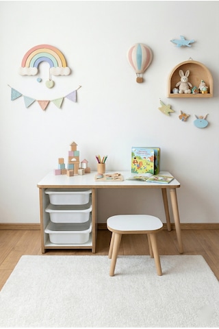 Çocuk Masa Takımı 90x45 Cm 3 Sepetli Çocuk Çalışma Masası Aktivite Masası Yaz-sil 1 Adet Tabureli Beyaz