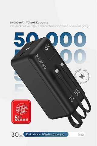 50.000 Mah Dijital Göstergeli Dahili Çoklu Kablolu Powerbank Süper Hızlı Şarj Taşınabilir Şarj Siyah