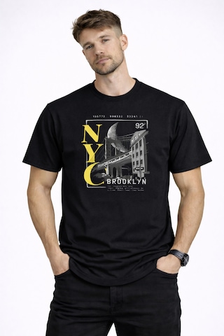 Herkesemoda Nyc Brooklyn Detaylı Basic T-shirt Siyah