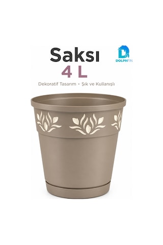 4 Litre Dekoratif Alt Tabaklı Plastik Saksı 20x20x20 Cm Çiçek Motifli Karışık Renk