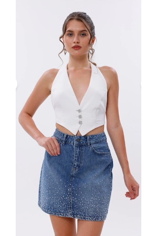 Eseclass Kadın Mavi Yüksek Bel Taş İşlemeli Denim Mini Etek - Işıltılı Kot Etek