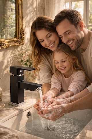 Viosa Mat Siyah Lavabo Bataryası Modern Kare Tasarım Banyo Musluğu Sıcak Soğuk Ayarlı Çift Su Girişli