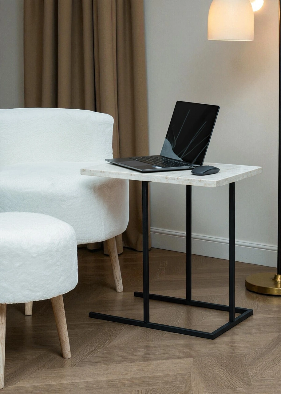 Dekoratif Beyaz Metal Yan Sehpa Ahşap Raflı Koltuk Yanı Servis Sehpası Çok Amaçlı Zigon C Sehpa Beyaz