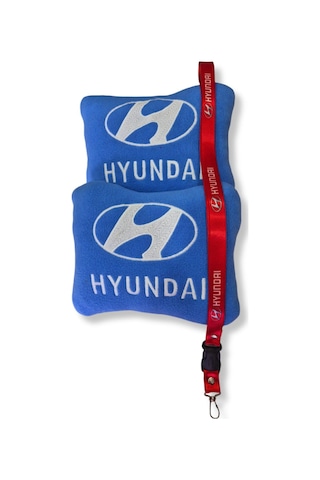 Hyundai Uyumlu Nakışlı Mavi Polar Ortopedik Araç Seyahat Boyun Yastık Hyundai Oto Ayna Askısı Mavi