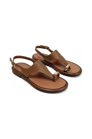 Ne&ve Shoes Taba Hakiki Deri Aksesuar Detaylı Parmak Arası Kadın Arkadan Tokalı Sandalet