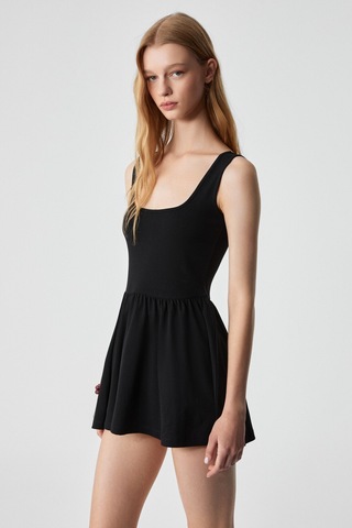 MBROS Kadın Slim Havuz Yaka Kolsuz Kısa Siyah Elbise