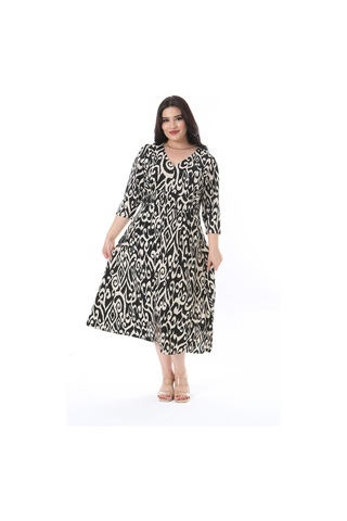 Kadın Büyük Beden Siyah Bürümcük Kumaş V Yakalı Kapri Kol Elbise 65n38206-siyah Siyah