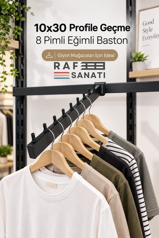 5 Adet - Eğik Baston - 10x30 Profile Geçme - Ab-1 Uyumlu Pimli Baston Askılık 35 Cm Mağaza Raf Askılık Aparatı Siyah