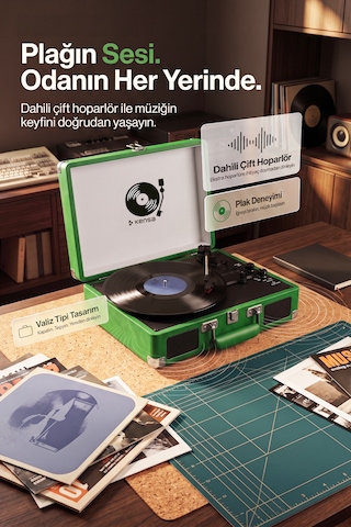 Kensa Bluetooth Lu Nostaljik Çantalı Pikap 33/45/78 Devir Dahili Bataryalı Plak Çalar Yeşil