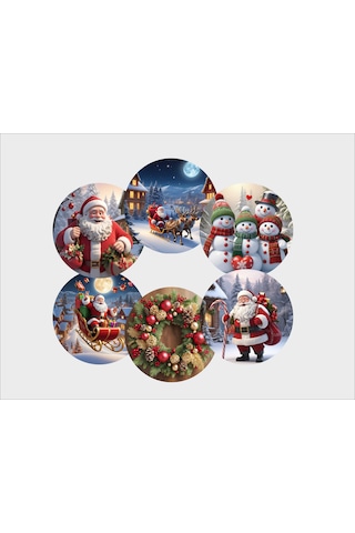 6 Adet Mdf Üzeri Uv Baskılı Hediyelik Noel Yılbaşı Bardak Altlığı 9x9 Cm Çok Renkli