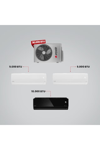 Arçelik 1+2 Multi Sistem 30100 MD Pro Dış Ünite 9 BTU Beyaz + 9 BTU Beyaz + 18 BTU Siyah İç Üniteler Duvar Tipi Klima